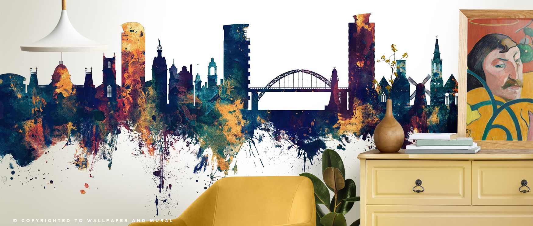 Sunderland England Skyline Blue & Bronze Wallpaper portrays architectural imagery with clarity and balance, producing atmosphere that enriches bedrooms, living rooms, or offices with decorative artistry and cultural refinement. 