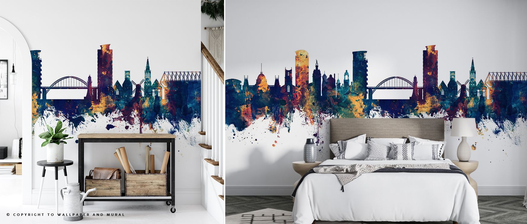 Sunderland England Skyline Blue & Bronze Wallpaper translates heritage into decorative imagery, where luminous tones frame architecture, creating atmosphere that enhances bedrooms, offices, or living rooms with cultural refinement and artistry. 