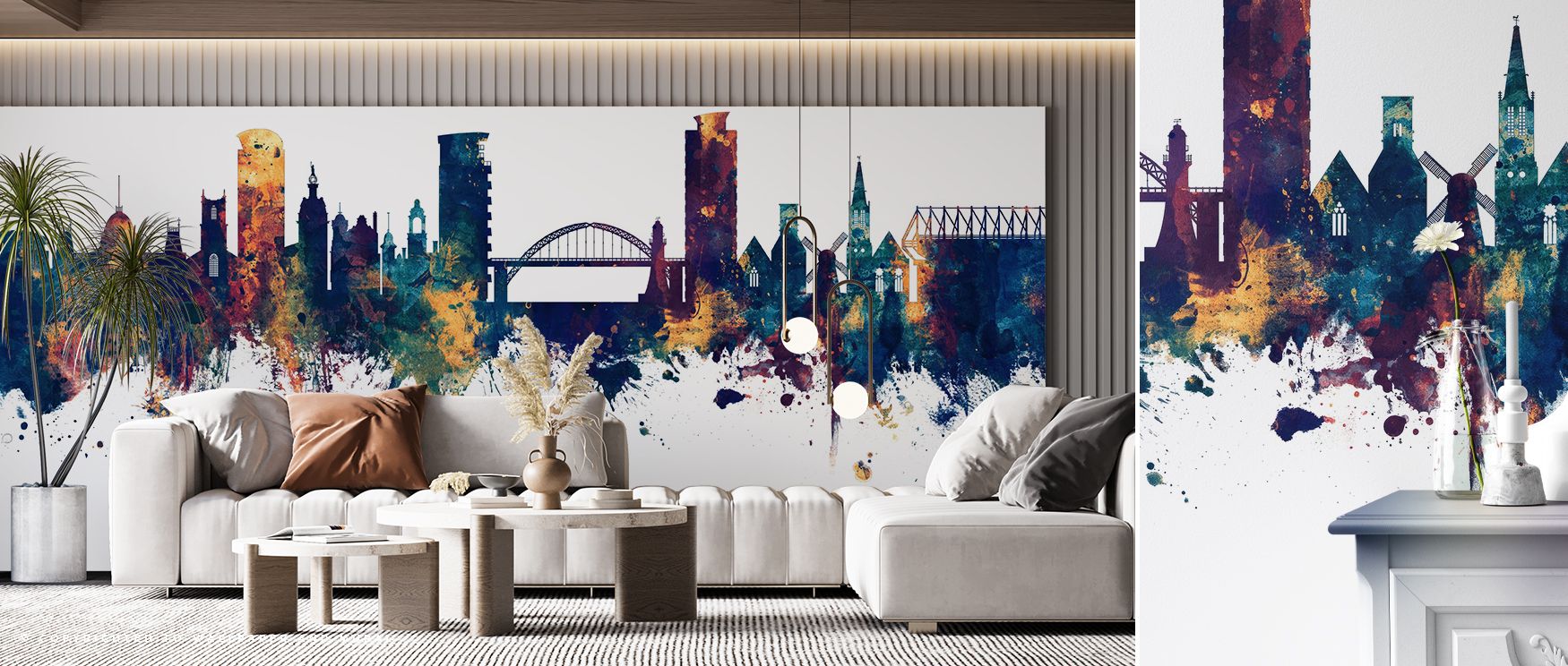 Sunderland England Skyline Blue & Bronze Wallpaper reflects cultural refinement through luminous imagery, shaping offices, bedrooms, or living rooms into interiors enriched with balance, elegance, and decorative artistry. 