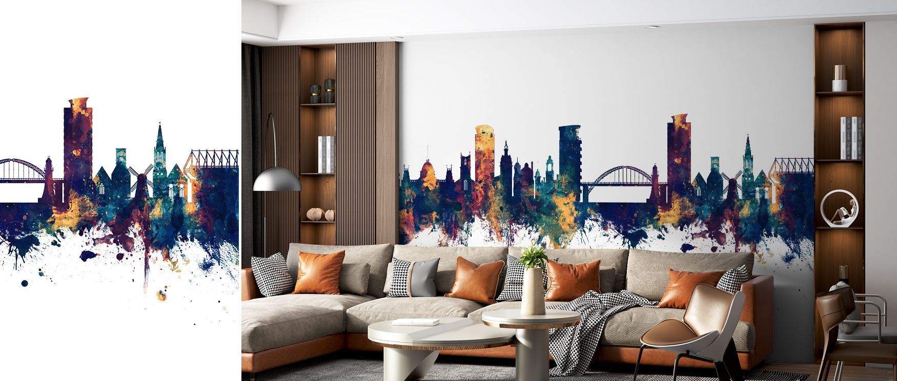 The design of Sunderland England Skyline Blue & Bronze Wallpaper conveys atmosphere of heritage through layered tones, creating interiors enriched with cultural resonance and decorative refinement, shaping bedrooms, offices, or living rooms with sophistic