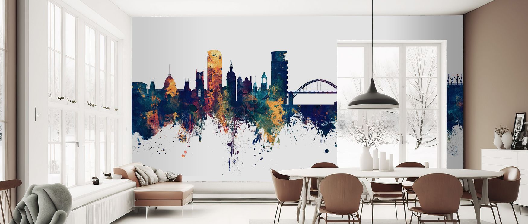 Architectural refinement defines Sunderland England Skyline Blue & Bronze Wallpaper as luminous tones frame city forms, creating interiors enriched with decorative balance, heritage, and cultural charm. 