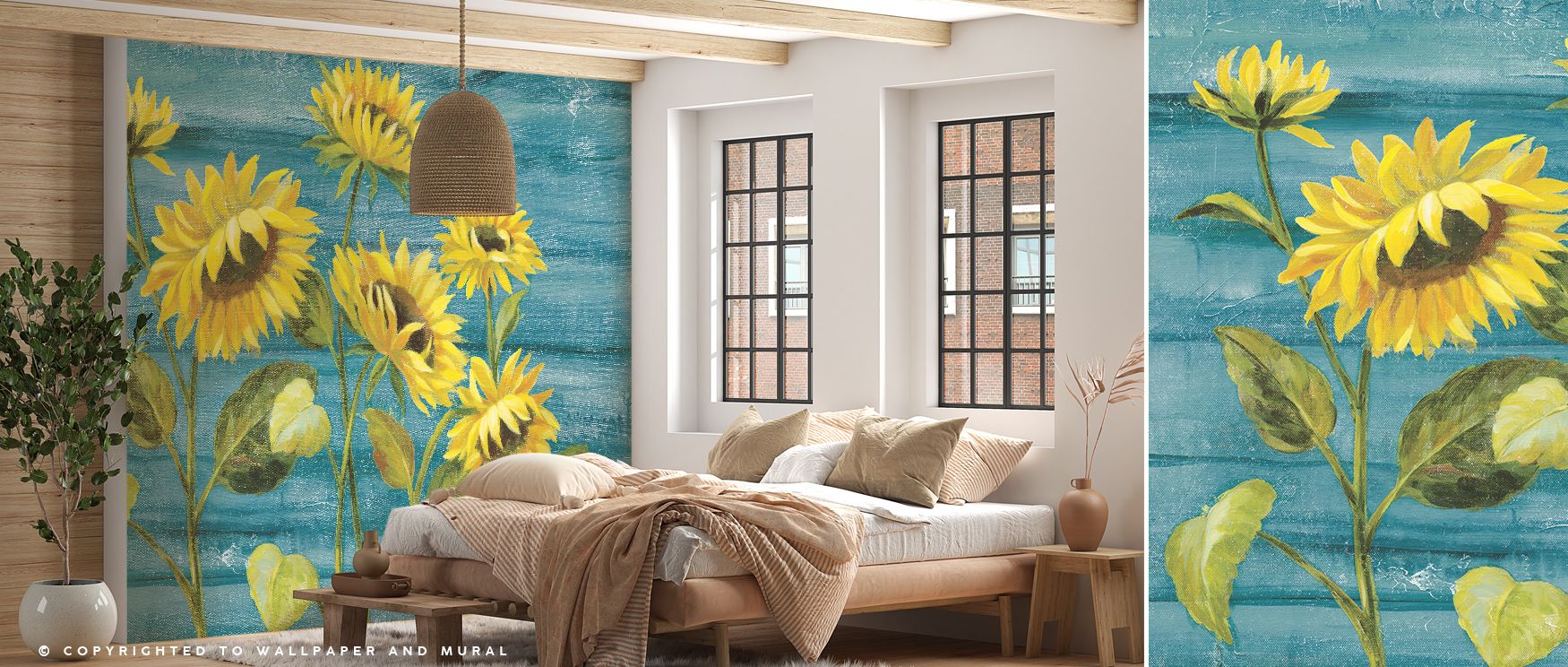 Sunflower Walls Wallpaper conveys floral artistry through imagery of blossoms rendered in golden tones, creating atmosphere that enriches bedrooms, offices, or living rooms with natural energy, decorative refinement, and seasonal charm. 