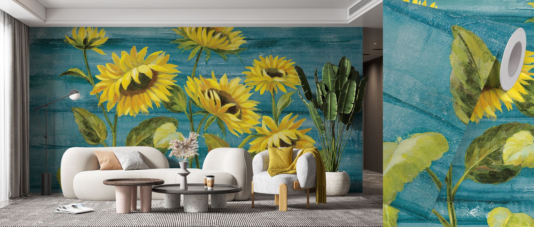 Surfaces glow with Sunflower Walls Wallpaper as blossoms expand in balance, producing atmosphere that enriches bedrooms, offices, or living rooms with decorative charm, natural rhythm, and floral refinement. 