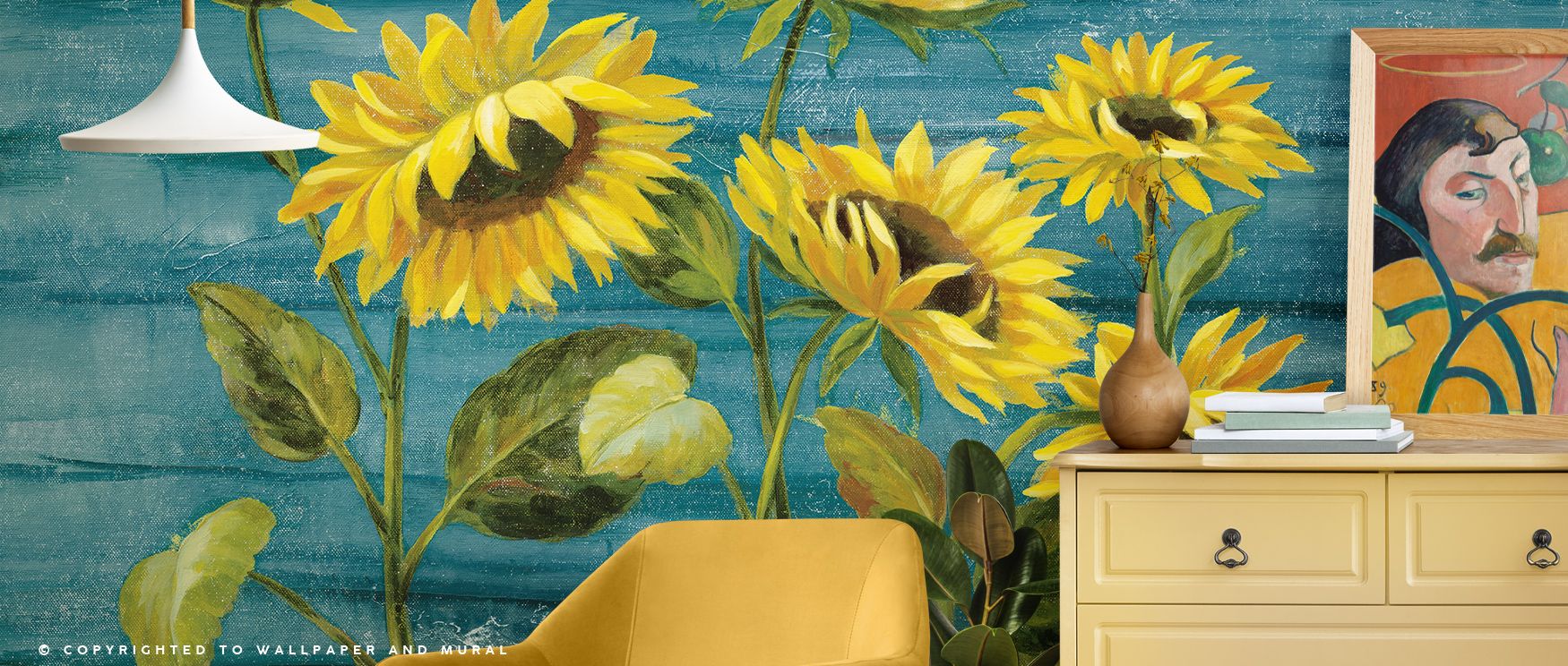 Sunflower Walls Wallpaper carries imagery of blossoms rendered in golden rhythm, producing atmosphere that enriches living rooms, offices, or bedrooms with charm, decorative refinement, and seasonal artistry. 