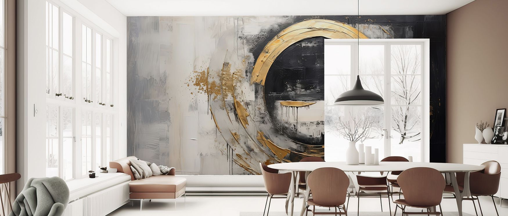 Sunny Sphere Wallpaper carries brightness across surfaces with rhythmic circular forms, producing atmosphere of refinement that enriches offices, bedrooms, or living rooms with decorative artistry and cultural charm. 