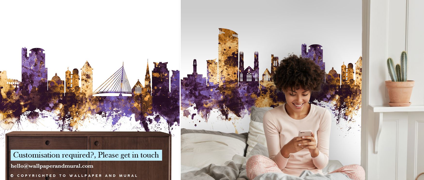 The imagery of Swansea Wales Skyline Purple & Gold Wallpaper captures heritage through color contrast, creating atmosphere of sophistication that enriches bedrooms, offices, or living rooms with cultural refinement, decorative elegance, and urban artistry