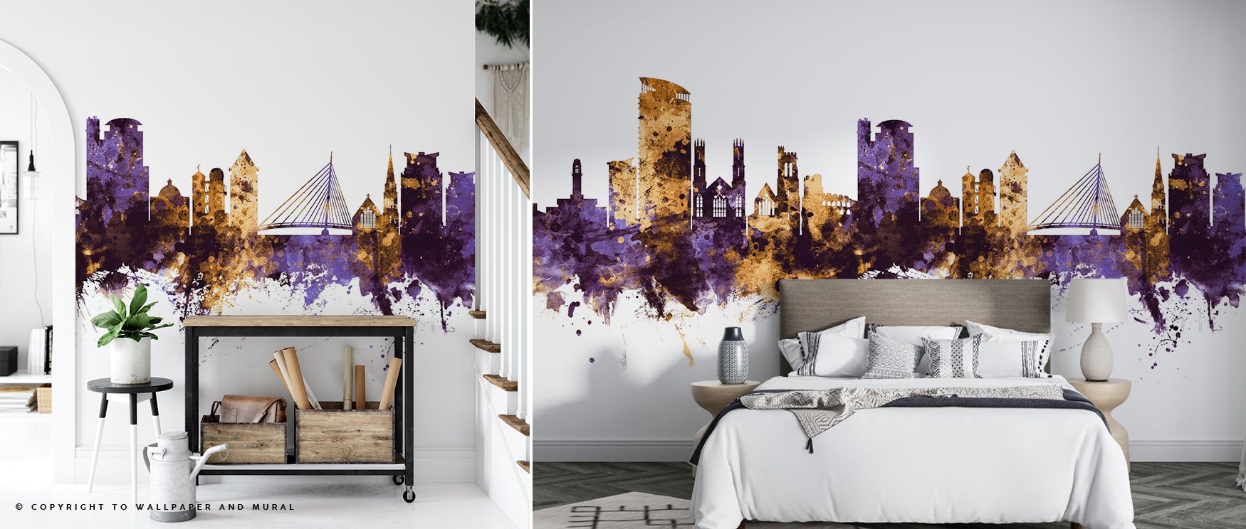 Surfaces glow in Swansea Wales Skyline Purple & Gold Wallpaper as purple depth highlights golden forms, shaping interiors into bedrooms, offices, or living rooms enriched with decorative balance and cultural resonance. 