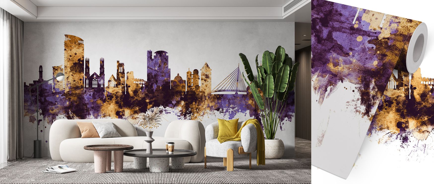 Swansea Wales Skyline Purple & Gold Wallpaper reflects cultural charm through luminous artistry, producing atmosphere that enhances offices, bedrooms, or living rooms with sophistication and heritage resonance. 