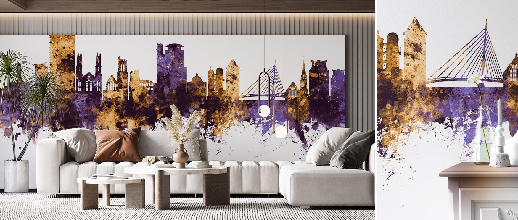 In Swansea Wales Skyline Purple & Gold Wallpaper, architectural silhouettes glow with balance of tones, shaping interiors like bedrooms, living rooms, or offices into refined spaces enriched with decorative charm. 