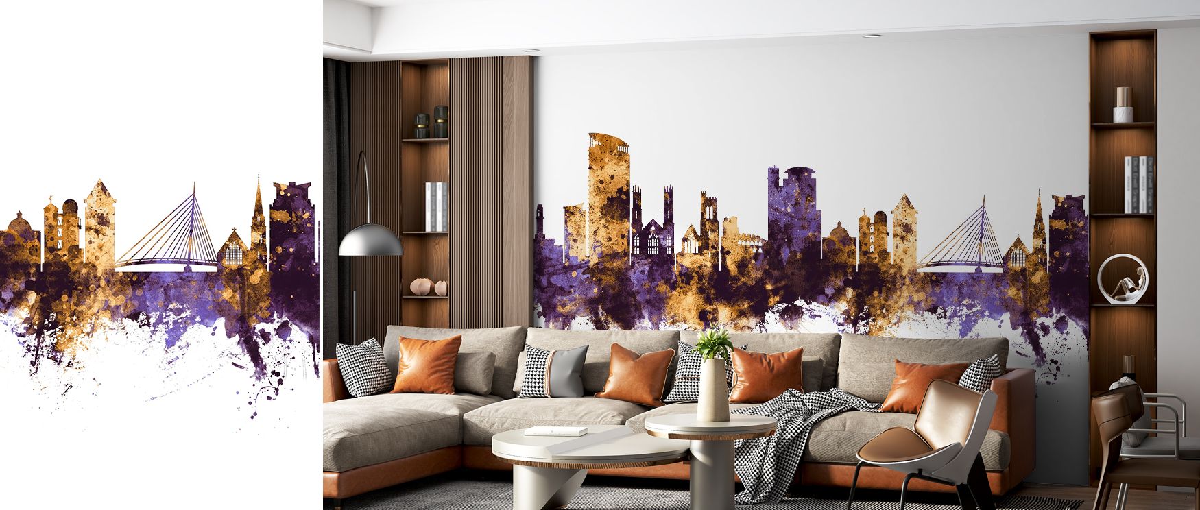 Swansea Wales Skyline Purple & Gold Wallpaper conveys urban artistry through luminous imagery, producing atmosphere that enriches interiors with cultural elegance, shaping bedrooms, offices, or living rooms into refined decorative settings. 