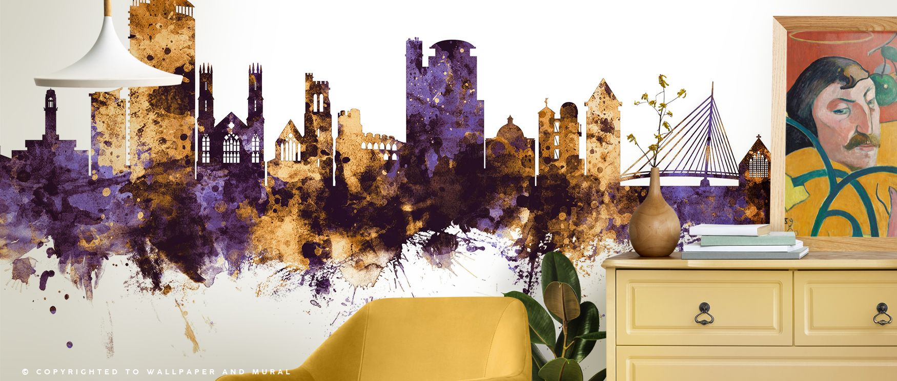 The design of Swansea Wales Skyline Purple & Gold Wallpaper emphasizes balance of light and shadow, creating atmosphere that enriches bedrooms, living rooms, or offices with cultural refinement and decorative sophistication. 