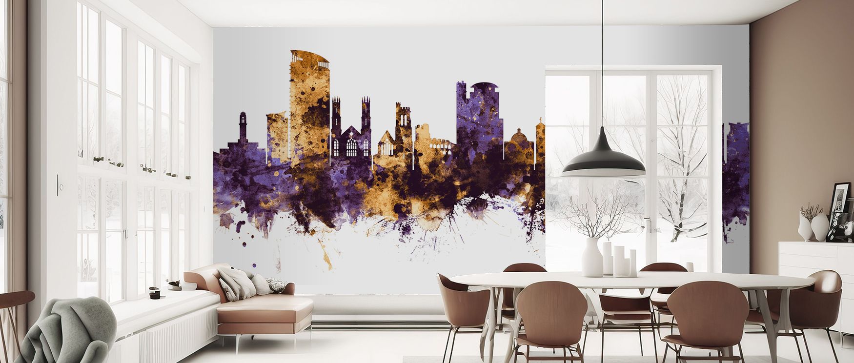 Swansea Wales Skyline Purple & Gold Wallpaper transforms city heritage into decorative rhythm, shaping interiors like offices, bedrooms, or living rooms with luminous elegance, cultural resonance, and urban refinement.