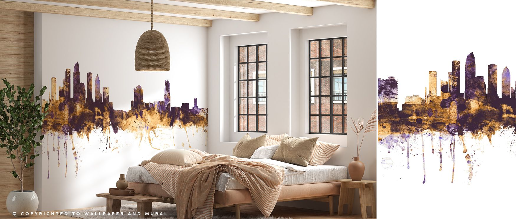 Tampa Florida Skyline Purple & Gold Wallpaper reflects architectural heritage through luminous contrast, producing atmosphere that enriches bedrooms, offices, or living rooms with cultural refinement, decorative resonance, and refined elegance. 