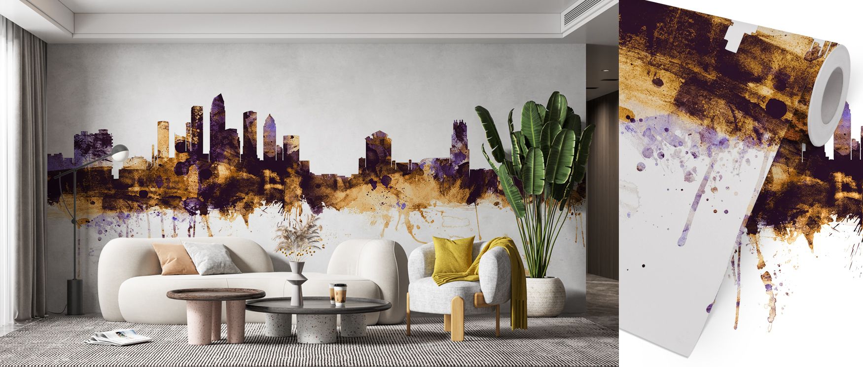 Tampa Florida Skyline Purple & Gold Wallpaper emphasizes luminous rhythm in architecture, producing atmosphere that enriches living rooms, bedrooms, or offices with decorative elegance and cultural resonance. 