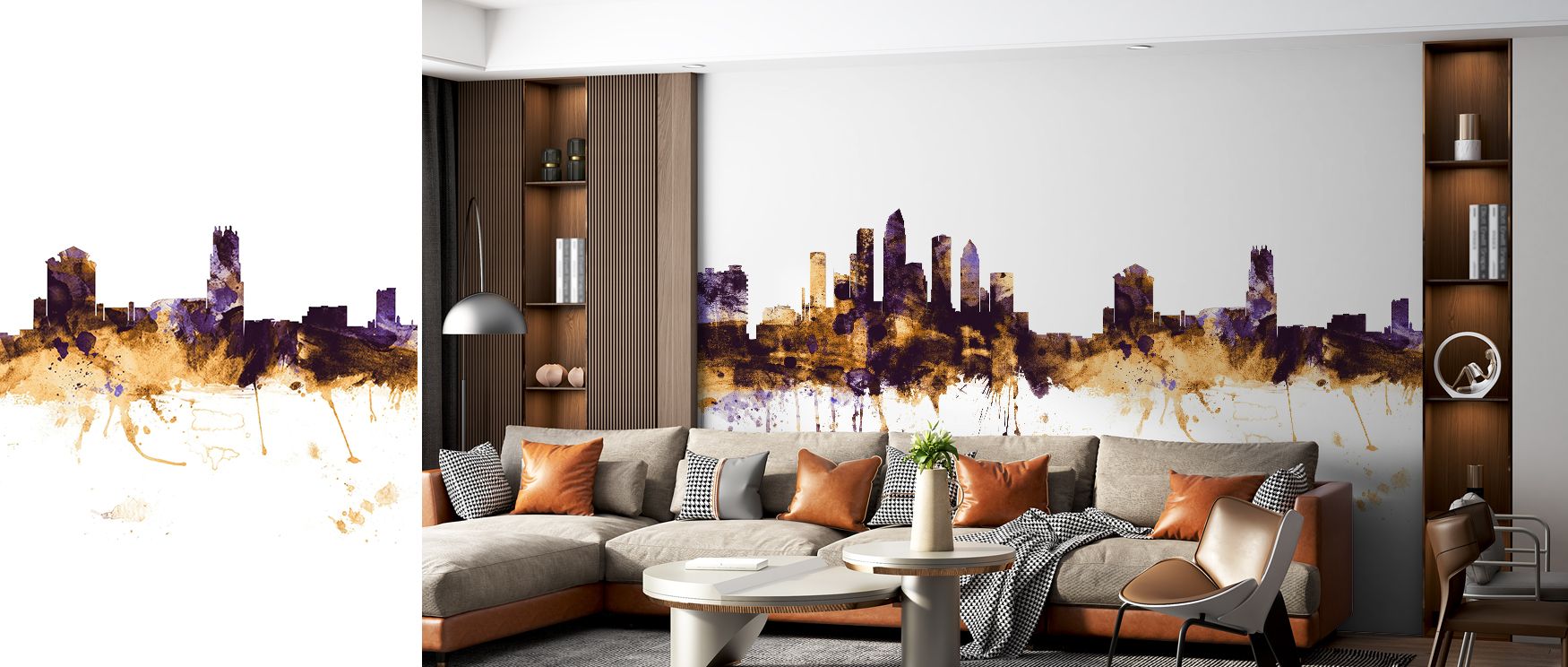 Tampa Florida Skyline Purple & Gold Wallpaper transforms architectural imagery into luminous artistry, creating atmosphere that enriches bedrooms, offices, or living rooms with decorative charm, cultural resonance, and sophistication. 