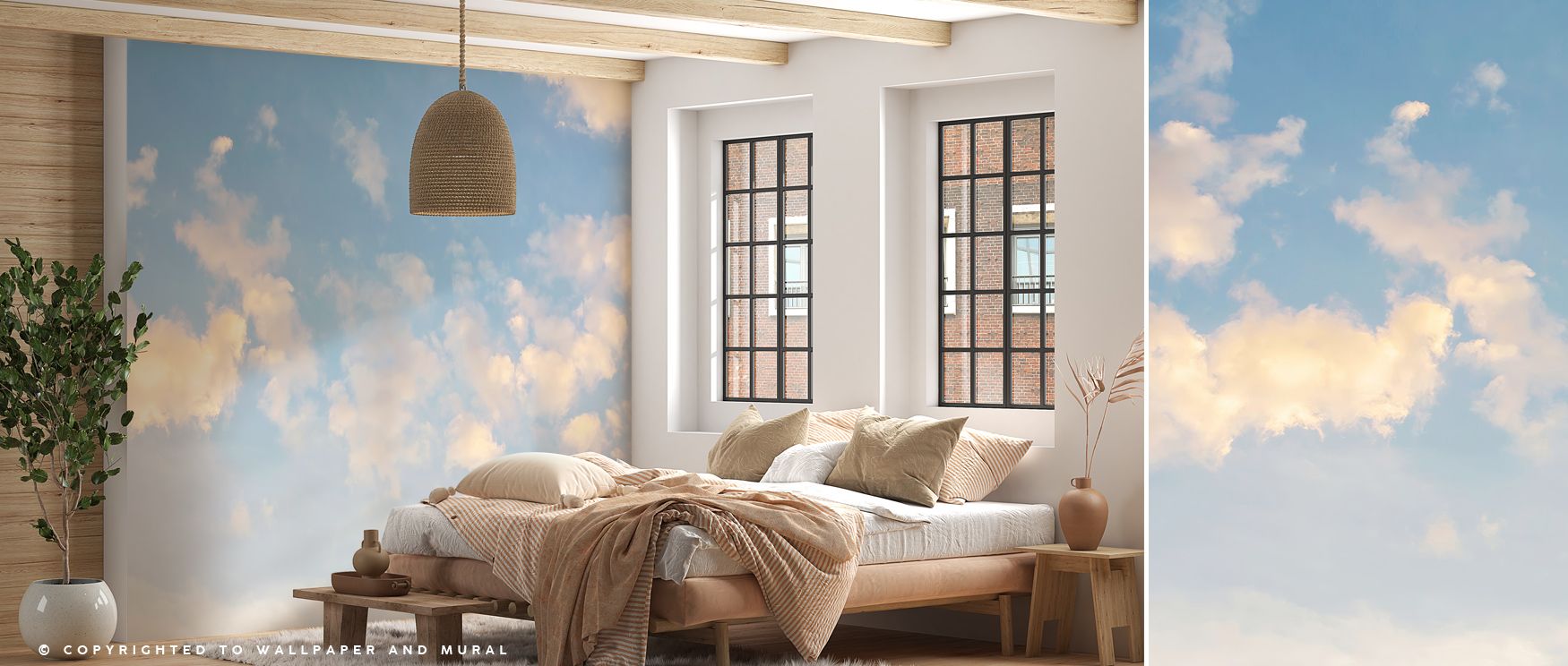 In Tender Clouds Wallpaper, cloud imagery flows in layered rhythm, creating atmosphere that enriches bedrooms, offices, or living rooms with decorative refinement, serenity, and timeless calmness. 