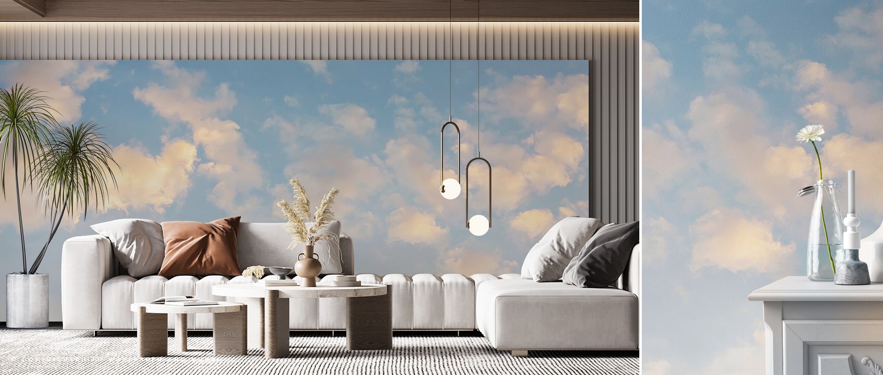 Across Tender Clouds Wallpaper, cloud imagery moves in rhythm of softness, shaping interiors like bedrooms, offices, or living rooms into refined decorative spaces enriched with calmness and serenity. 