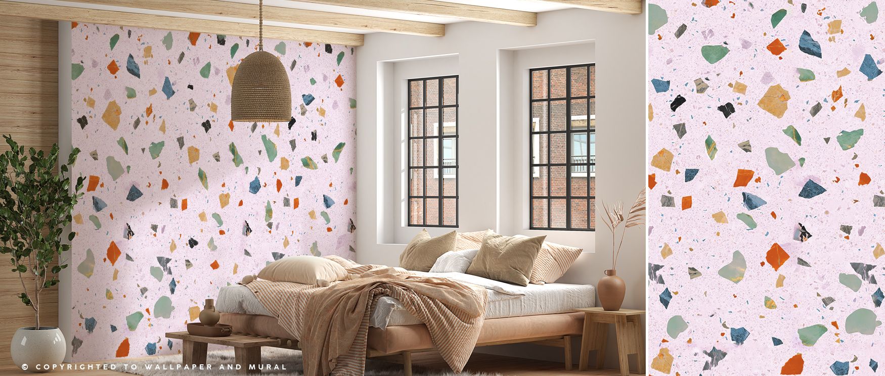 Across its surfaces, Terrazzo Multi Small Pink Wallpaper reflects playful refinement in fragmented rhythm, producing atmosphere of balance that shapes bedrooms, offices, or living rooms into interiors enriched with cultural charm and decorative artistry. 