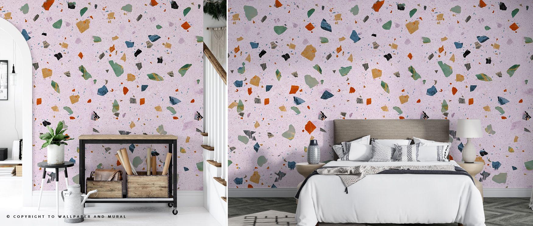 Terrazzo Multi Small Pink Wallpaper translates terrazzo artistry into imagery of balance, producing atmosphere that enhances bedrooms, offices, or living rooms with cultural resonance, charm, and decorative sophistication. The scattered detail enriches in