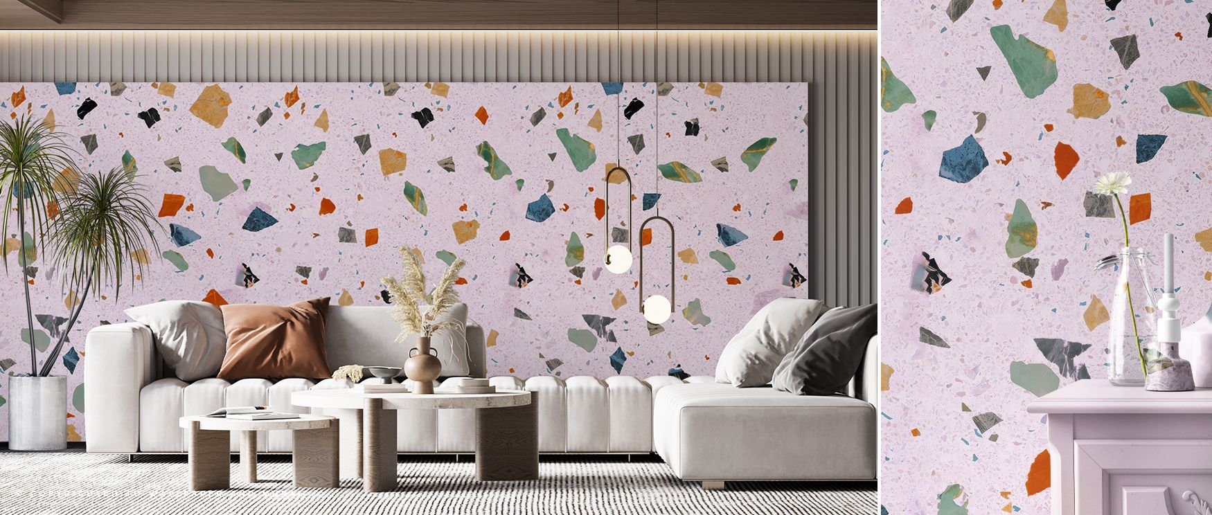 Surfaces glow with Terrazzo Multi Small Pink Wallpaper as terrazzo fragments scatter in balanced rhythm, producing atmosphere that enriches living rooms, bedrooms, or offices with charm, decorative refinement, and modern sophistication. Its artistry conve