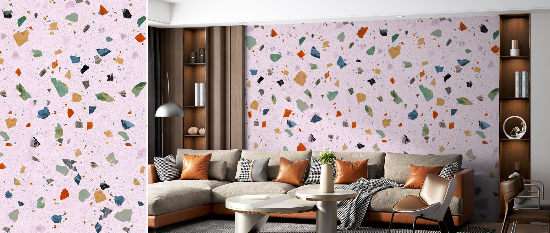 Terrazzo Multi Small Pink Wallpaper sustains decorative rhythm in fragmented imagery, shaping interiors into offices, bedrooms, or living rooms enriched with charm, cultural resonance, and modern elegance. Each fragment feels expressive yet balanced, enri