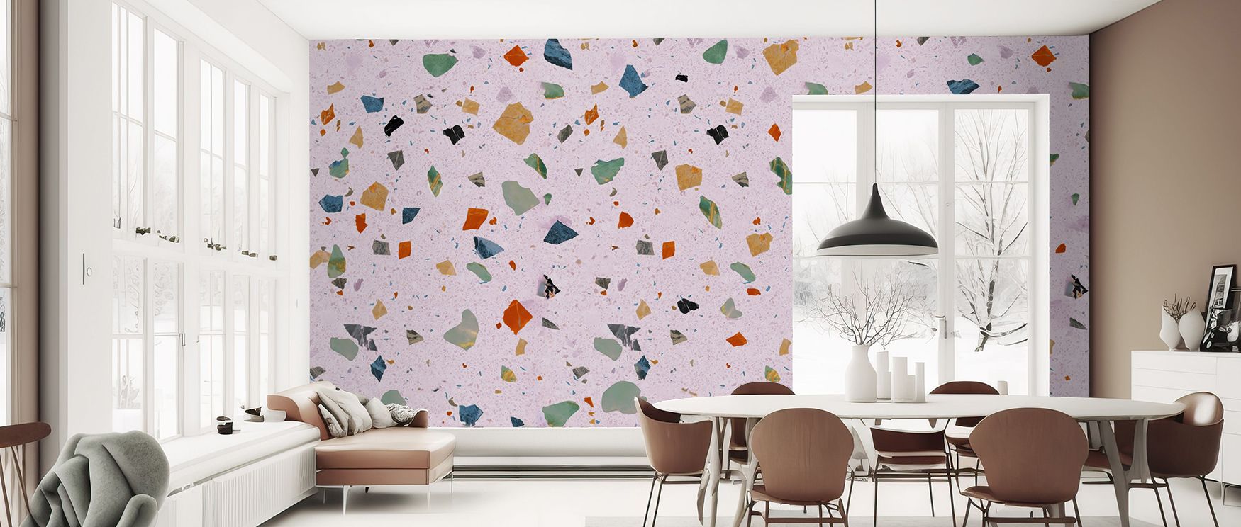 Playful refinement defines Terrazzo Multi Small Pink Wallpaper as fragments glow against pink surfaces, producing atmosphere of balance that enriches living rooms, offices, or bedrooms with decorative sophistication, cultural resonance, and artistry.