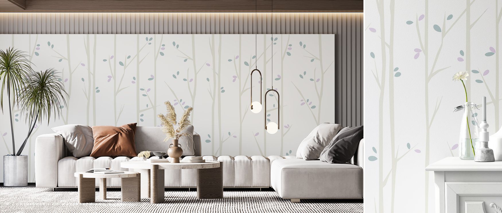 Refined imagery characterizes the Thin Spring Trees Nature Inspired Wallpaper, turning walls into calm canvases. Its elegant composition makes interiors light and refreshing, perfect for bedrooms or living areas where natural charm enhances design. 