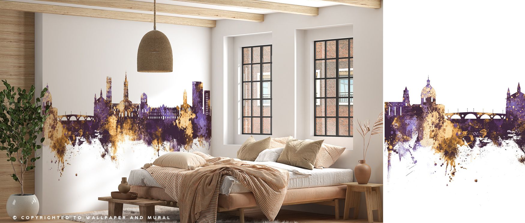 Within the Toulouse France Skyline Purple Gold Wallpaper, the horizon glistens with golden light that contrasts beautifully against deep purple. This elegant interplay of tones enriches the skyline with visual drama while creating a decorative centerpiece