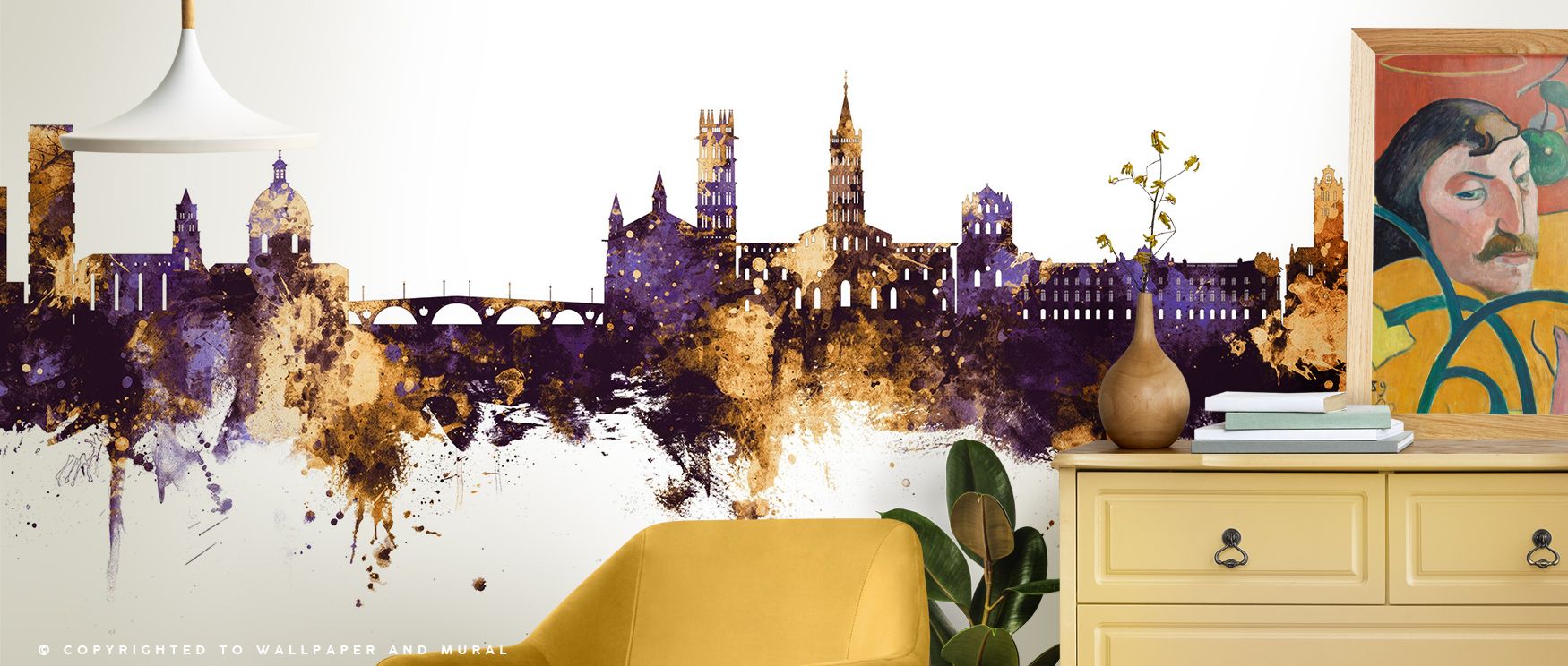 In the Toulouse France Skyline Purple Gold Wallpaper, glowing accents illuminate the city’s skyline while purple tones provide depth that enhances visual drama. The result is a radiant landscape filled with elegance, transforming walls into canvases of cu