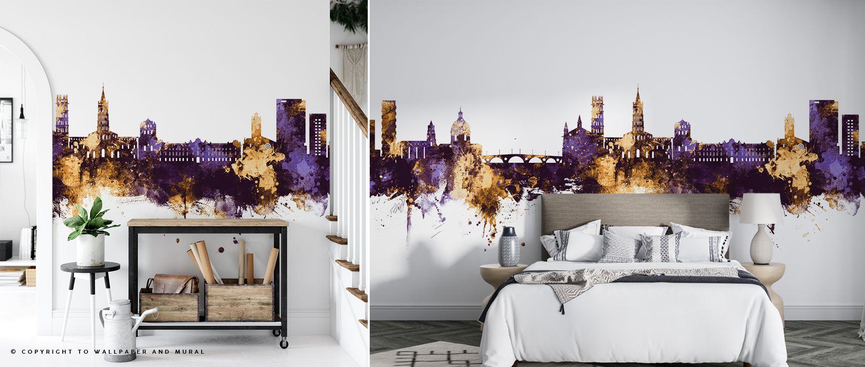 Toulouse France Skyline Purple Gold Wallpaper reflects shimmering brilliance as golden strokes outline towers across the horizon while the purple depth provides balance and contrast. This luxurious design offers a sophisticated interpretation of urban bea