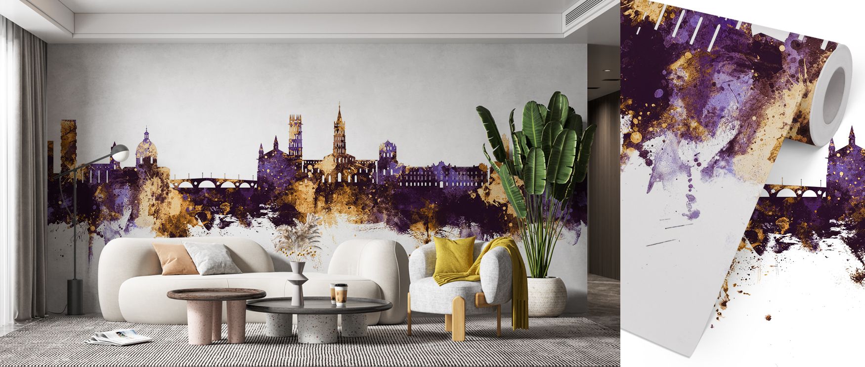 In Toulouse France Skyline Purple Gold Wallpaper, architectural silhouettes glisten in glowing metallic tones that rise gracefully against a darkened backdrop. Every shimmer enhances depth, turning interiors into spaces filled with luxurious ambiance and 