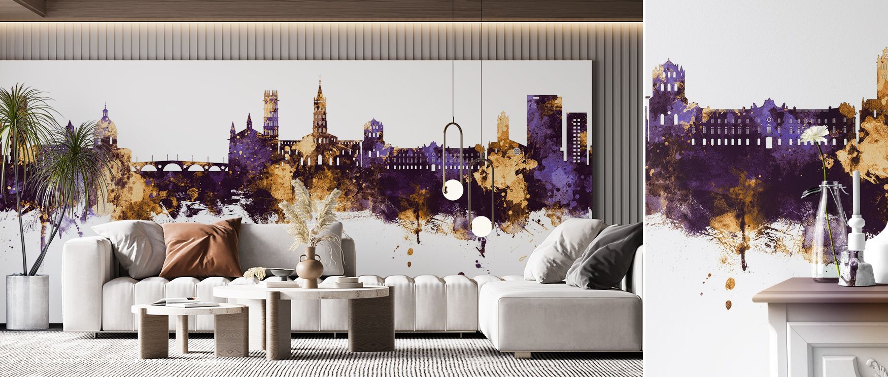 Radiant details shine within Toulouse France Skyline Purple Gold Wallpaper, where luminous golden tones meet regal purple shadows in balance. The skyline carries both elegance and artistry, creating refined atmosphere across walls. Interiors glow with met