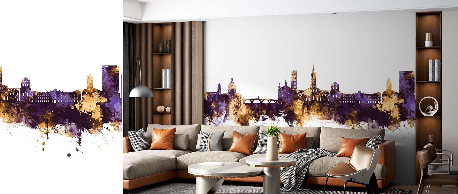 The Toulouse France Skyline Purple Gold Wallpaper celebrates grandeur through its glowing architectural horizon where golden hues shimmer elegantly against purple sky. Every detail enhances the urban silhouette with balance, enriching spaces with cultured