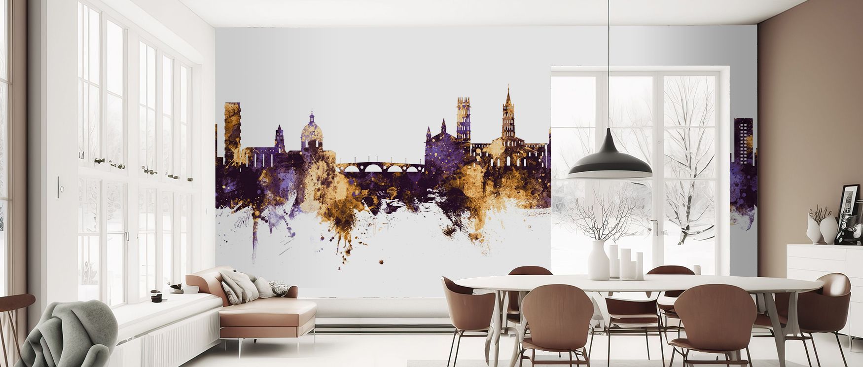 Golden brilliance flows across Toulouse France Skyline Purple Gold Wallpaper, outlining each detail of the horizon with elegance. The depth of purple contrasts to highlight architectural form, giving interiors a sophisticated glow. This luxurious design a