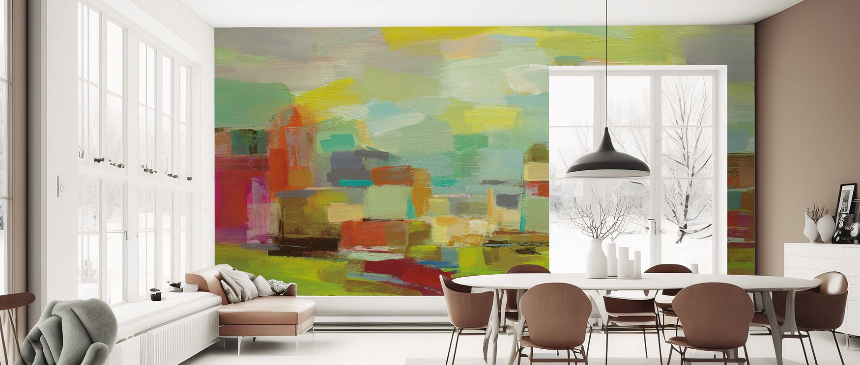 In Town by the River Scenic Wallpaper, the riverside charm appears timeless as mirrored silhouettes glow with serenity. The imagery flows gracefully across walls, adding refined atmosphere. Interiors are enriched with cultured decorative calm, turning roo