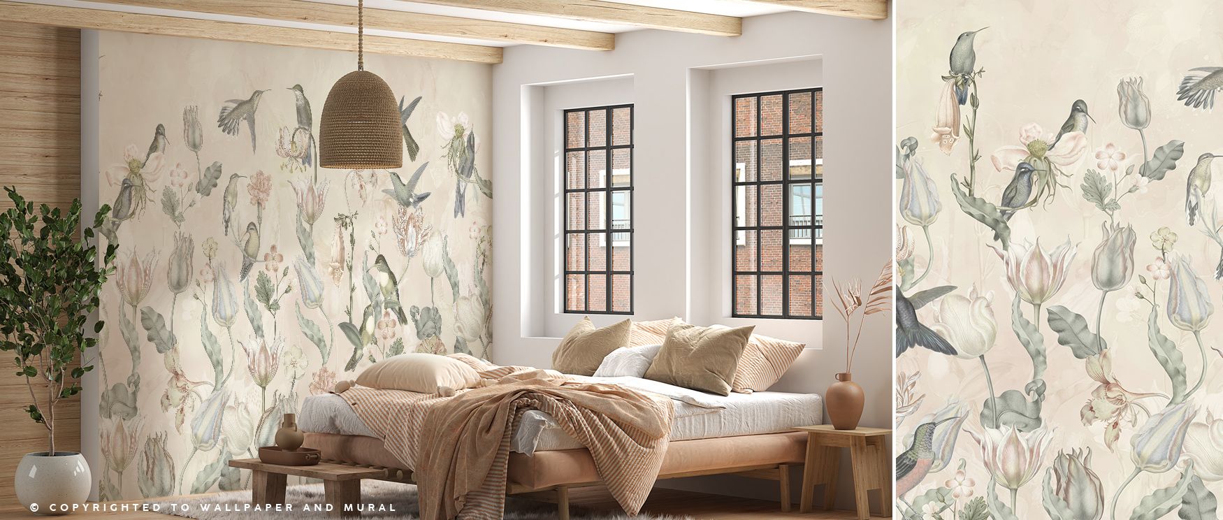Tulips and Birds Beige Floral Wallpaper captures grace as blossoms and birds unite in flowing composition. Each detail enriches atmosphere with balance, creating decorative presence filled with warmth. Interiors glow with refined charm, turning walls into
