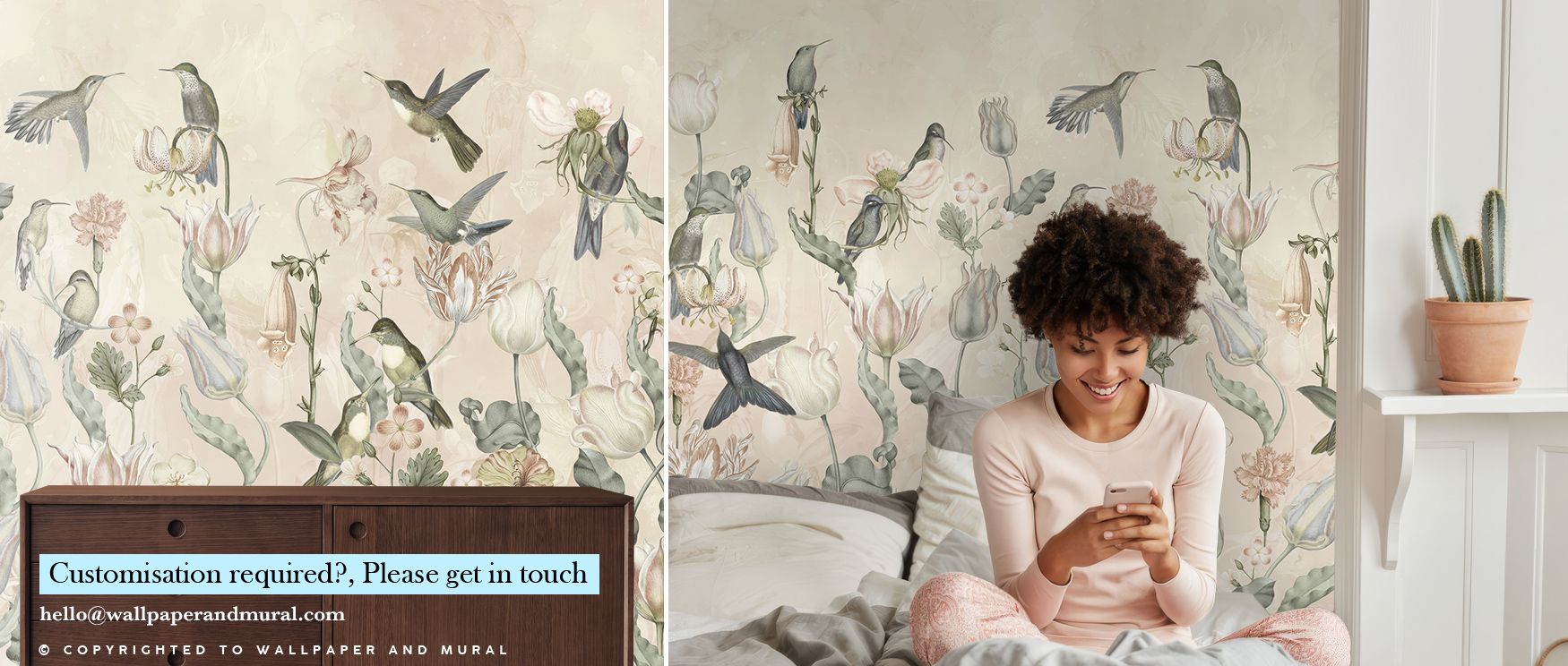 Radiant tones shine in Tulips and Birds Beige Floral Wallpaper as floral and bird motifs flow gracefully across surfaces. The design enriches walls with atmosphere of warmth and artistry, making interiors glow with refinement. Bedrooms or offices transfor