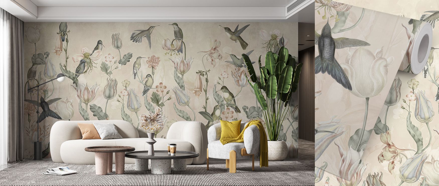 Tulips and Birds Beige Floral Wallpaper embodies natural charm as tulips and birds appear in balanced rhythm across surfaces. Each element enriches atmosphere with serenity, creating decorative calm. Interiors glow with warmth, offering bedrooms or office