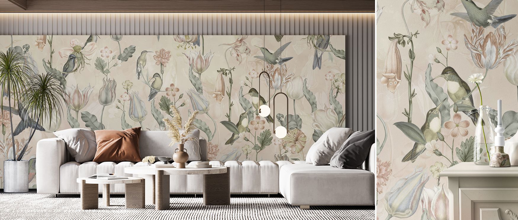The Tulips and Birds Beige Floral Wallpaper reveals gentle imagery as blossoms and birds flow with grace across softened tones. Each detail enriches atmosphere with decorative calm, creating cultivated presence. Interiors glow with refinement, offering be