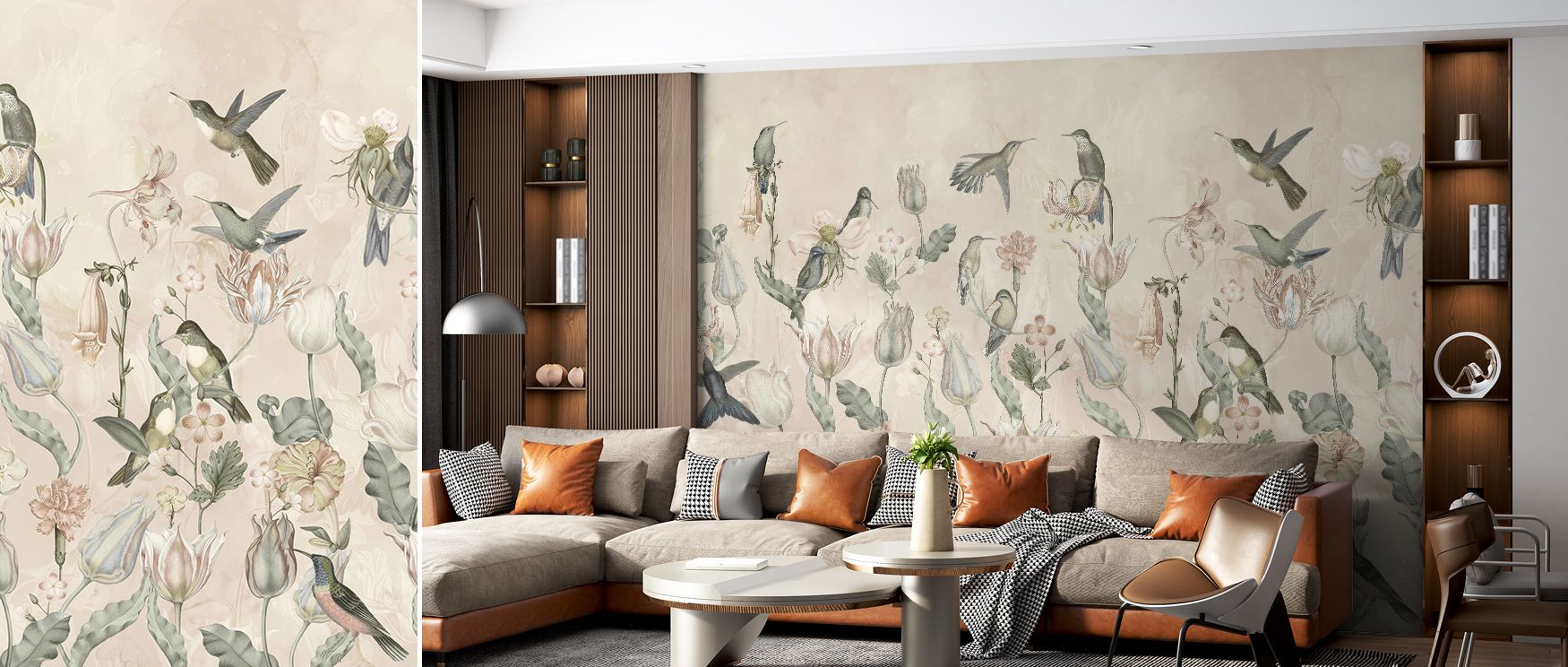 In Tulips and Birds Beige Floral Wallpaper, tulip blossoms and bird silhouettes merge with elegance, creating atmosphere filled with warmth. The design enriches walls with charm, turning interiors into refined spaces glowing with decorative floral serenit
