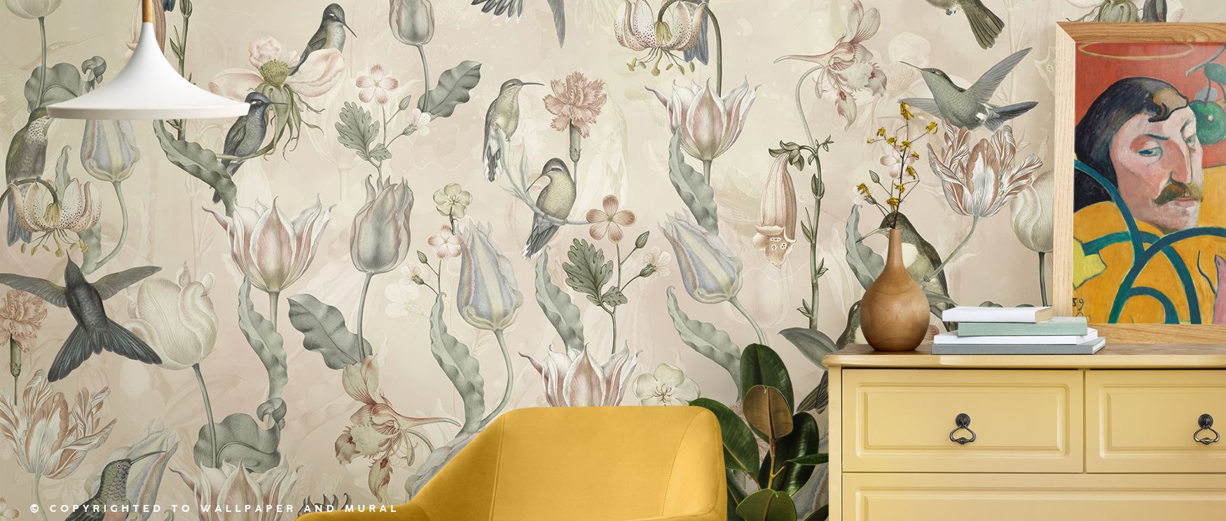 Tulips and Birds Beige Floral Wallpaper glows with balance as delicate blossoms stretch in harmony with bird motifs. The design enriches atmosphere with refined charm, creating decorative presence filled with artistry. Interiors glow with cultivated calm,