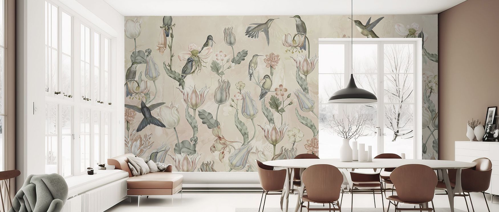 Tulips and Birds Beige Floral Wallpaper radiates elegance through flowing blossoms and graceful bird imagery, creating atmosphere alive with warmth. The design enriches walls with decorative refinement, offering interiors charm. Bedrooms or offices glow w