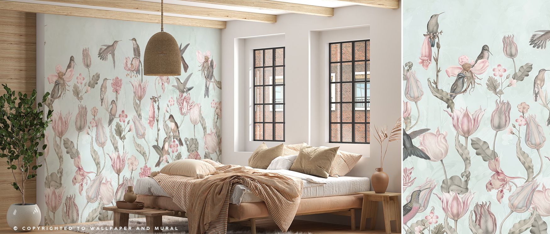 Tulips and Birds Pistachio Floral Wallpaper captures floral elegance as tulips and birds unite in balanced rhythm across surfaces. Each detail enriches atmosphere with calm beauty, enhancing walls with decorative charm. Interiors glow with refinement, off