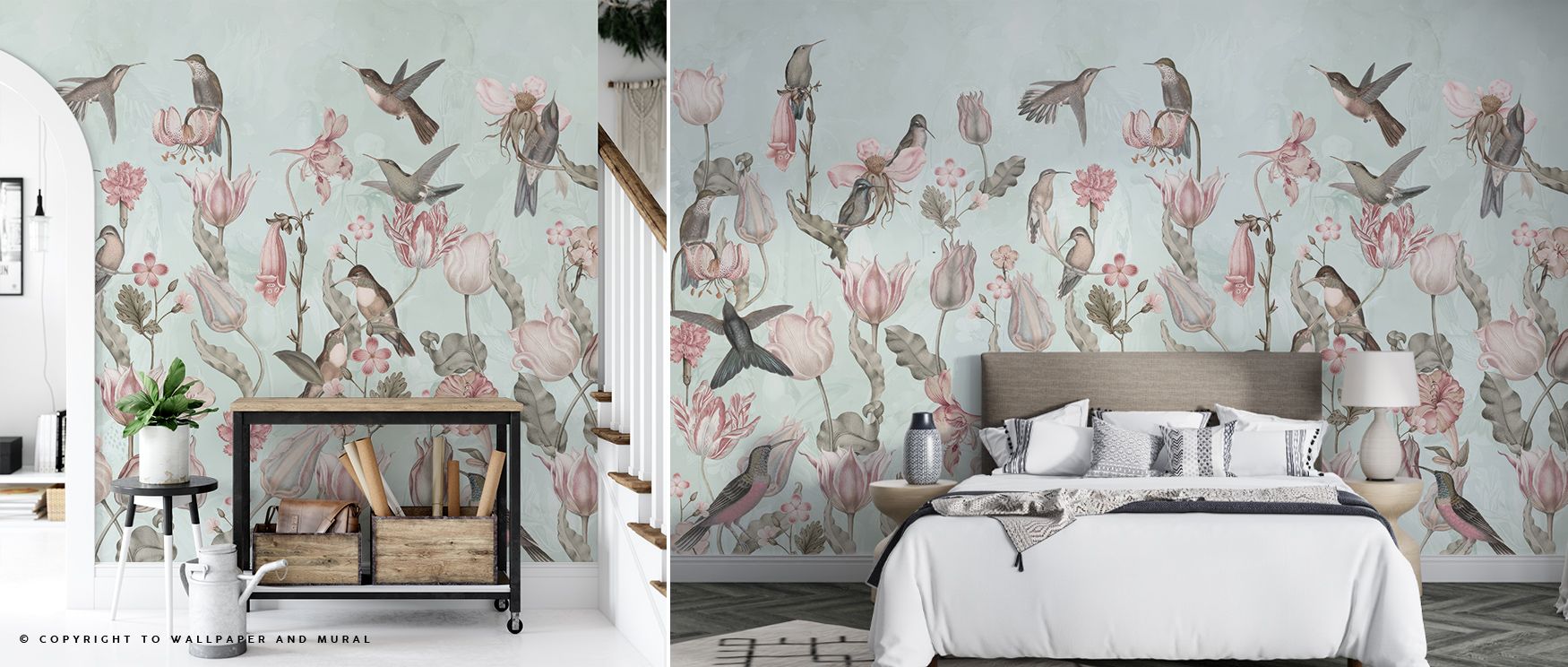 Tulips and Birds Pistachio Floral Wallpaper embodies artistry as tulip blossoms merge with bird motifs in graceful flow. The pistachio hues enrich atmosphere with serenity, creating walls filled with charm. Interiors glow with refinement, enhancing bedroo