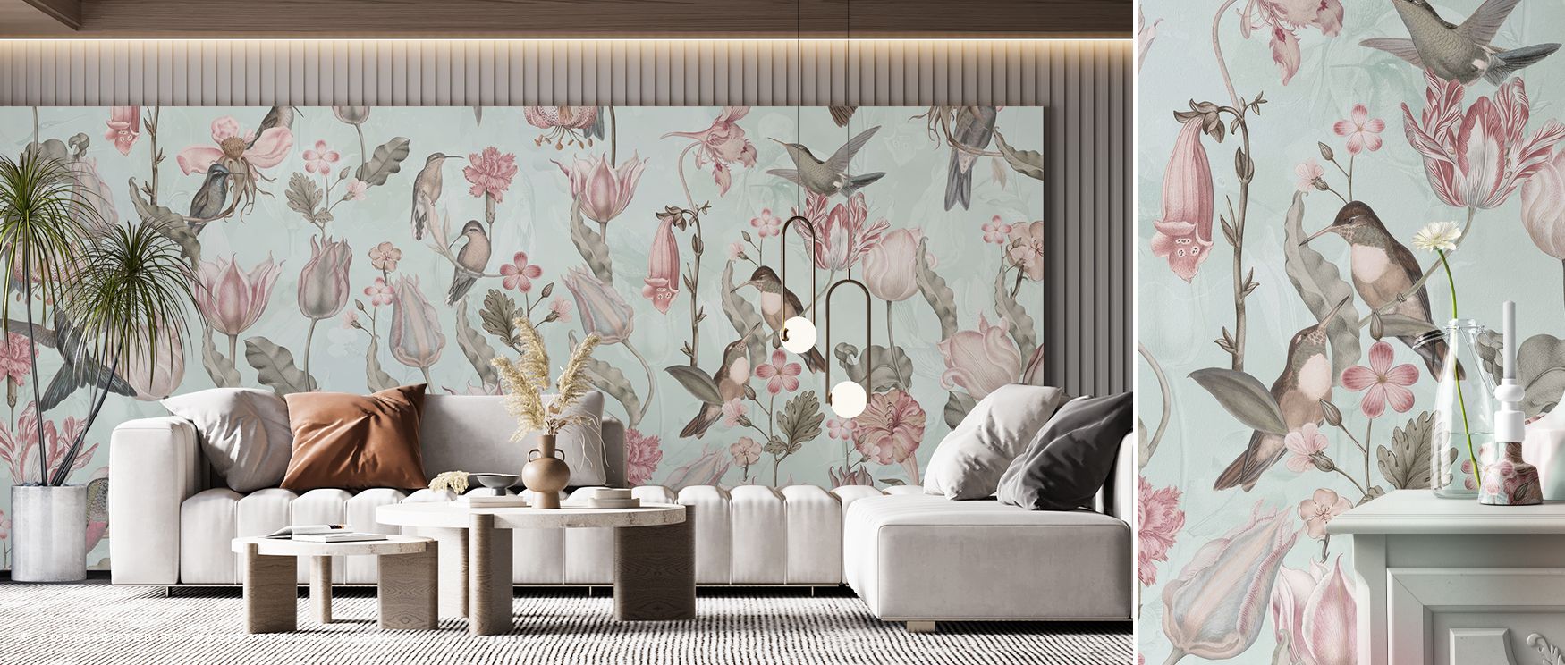 Tulips and Birds Pistachio Floral Wallpaper glows with balance as blossoms and birds stretch gracefully across surfaces. The pistachio tones enrich atmosphere with warmth, making walls radiant with charm. Interiors glow with serenity, offering bedrooms or