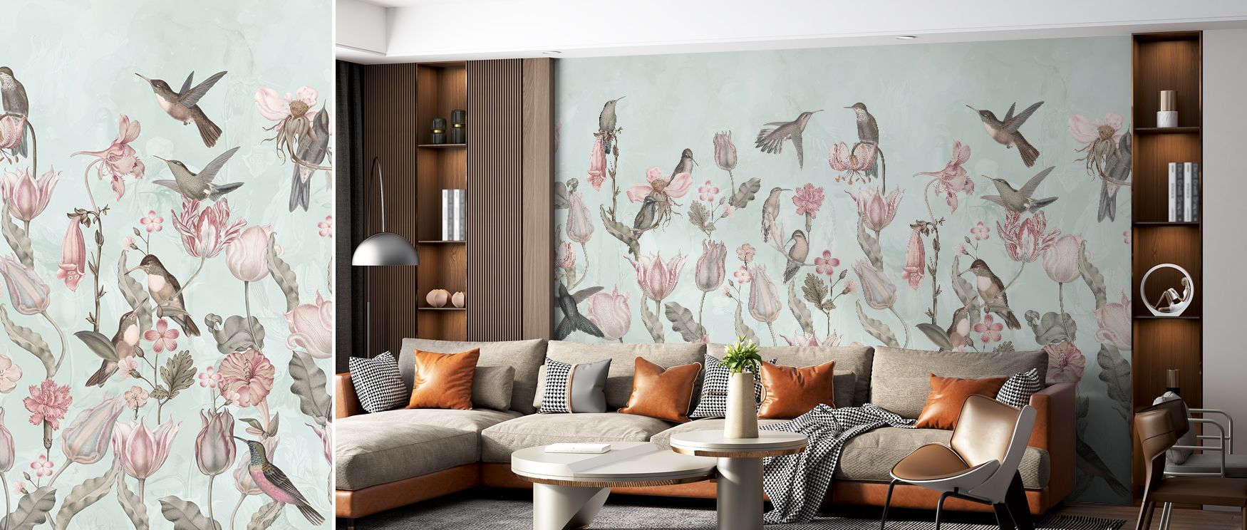 The Tulips and Birds Pistachio Floral Wallpaper reveals flowing elegance through floral and bird motifs enriched by soft tones. The design enhances walls with calm atmosphere, creating refined decorative charm. Interiors glow with cultural refinement, mak