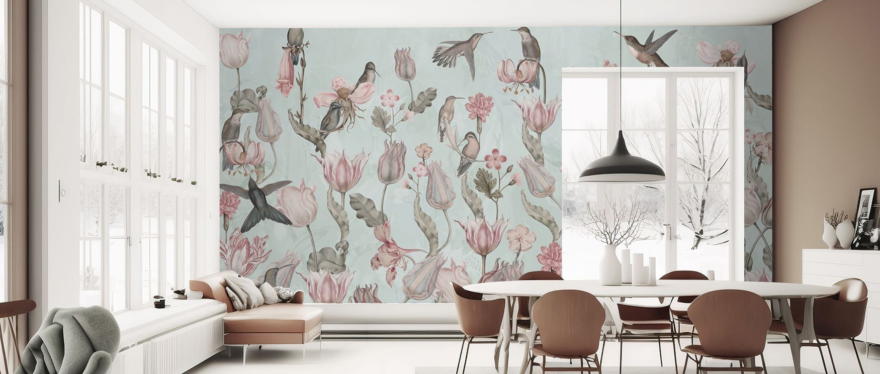 Tulips and Birds Pistachio Floral Wallpaper radiates serene charm as tulips and birds flow across surfaces with grace. The pistachio tones enhance atmosphere with refinement, making walls glow with decorative artistry. Interiors transform into refined spa