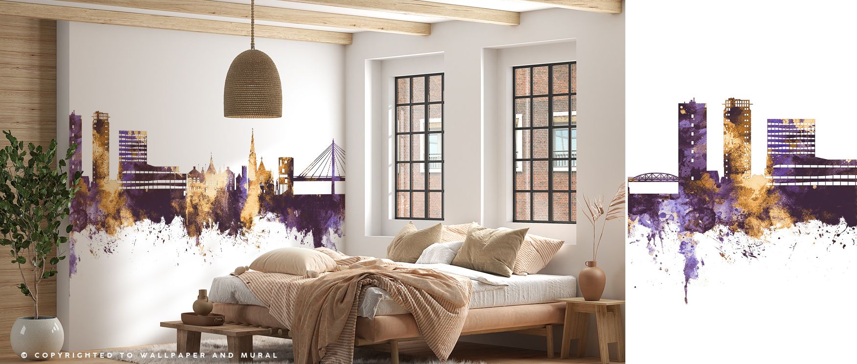 Umeå Skyline Purple Gold Urban Wallpaper embodies brilliance as the skyline glistens in golden light against deep purple skies. Each silhouette enriches atmosphere with artistry, making walls glow with refinement. Interiors transform into cultivated lands