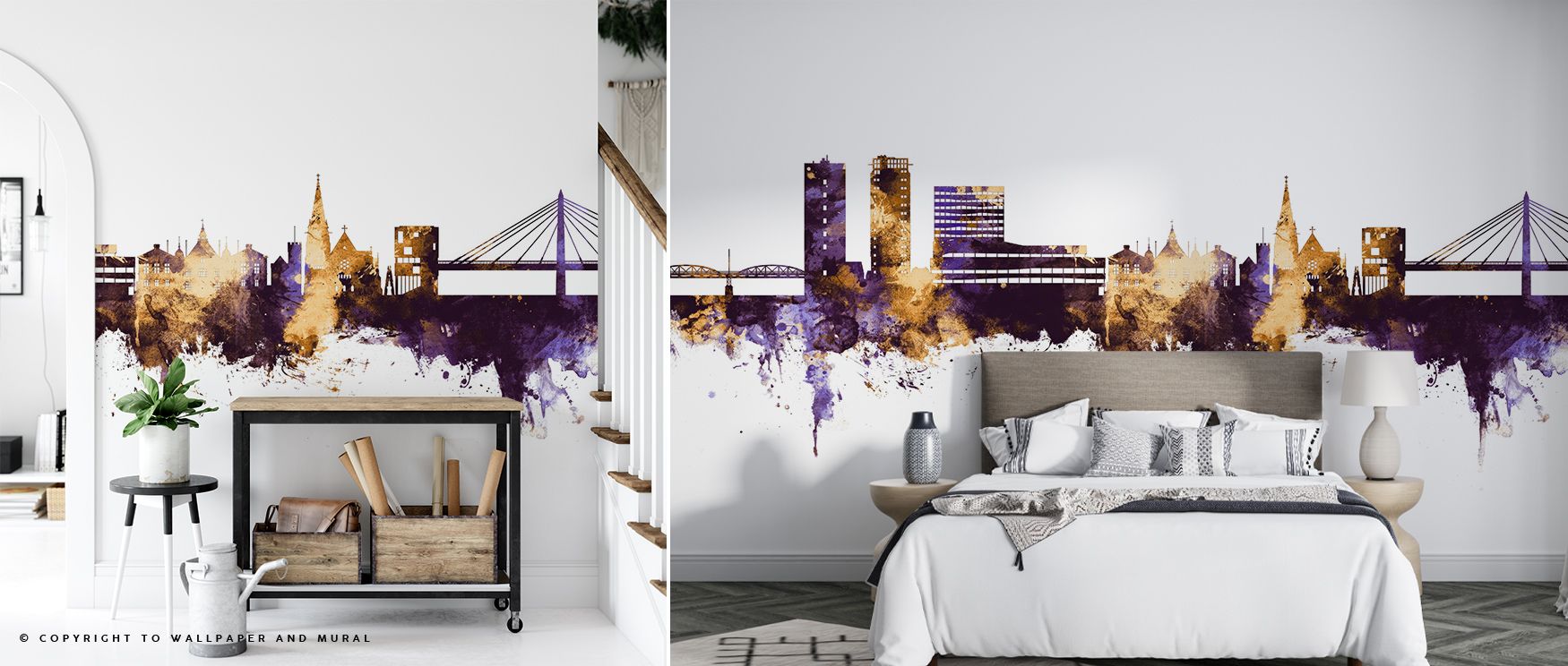 Umeå Skyline Purple Gold Urban Wallpaper radiates refinement as golden structures stretch elegantly across purple surfaces. Each line enriches atmosphere with artistry, turning walls into landscapes filled with brilliance. Interiors glow with sophisticati