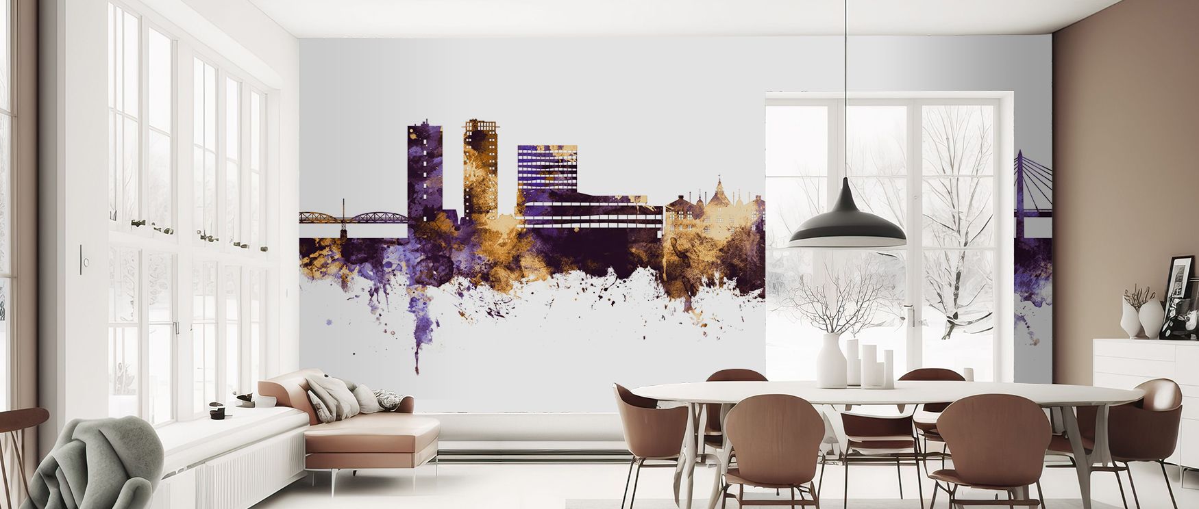 The Umeå Skyline Purple Gold Urban Wallpaper radiates refinement through golden structures glowing against purple horizons. Each detail enriches atmosphere with artistry, making walls glow with sophistication. Interiors glow with metropolitan charm, turni